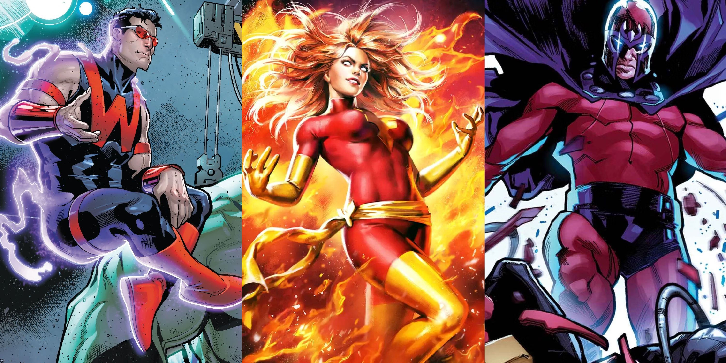 Split image of Wonder Man, Dark Phoenix and Magneto using their powers