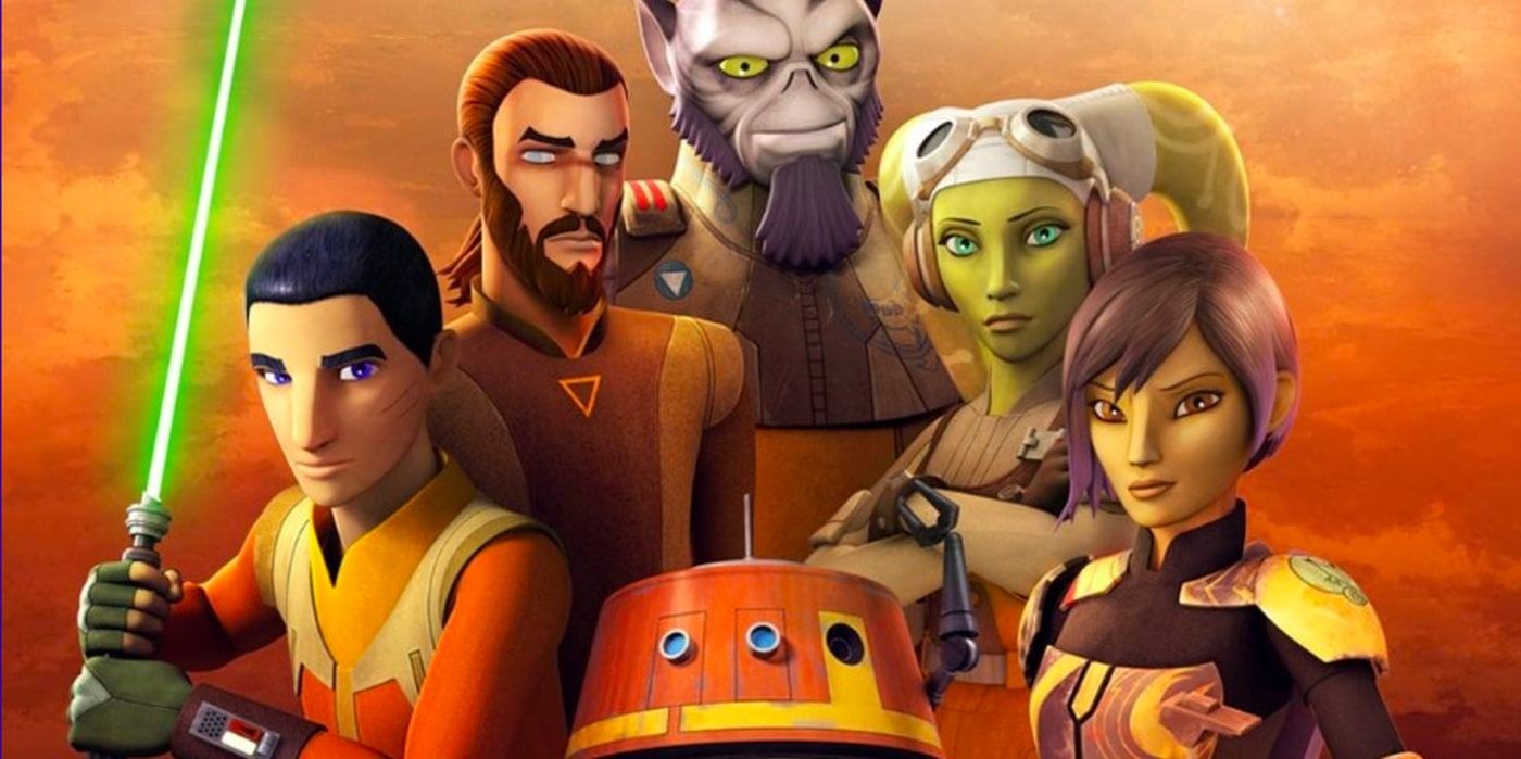 Uma foto de grupo do Ghost Crew dos Star Wars Rebels em frente a um fundo laranja nublado