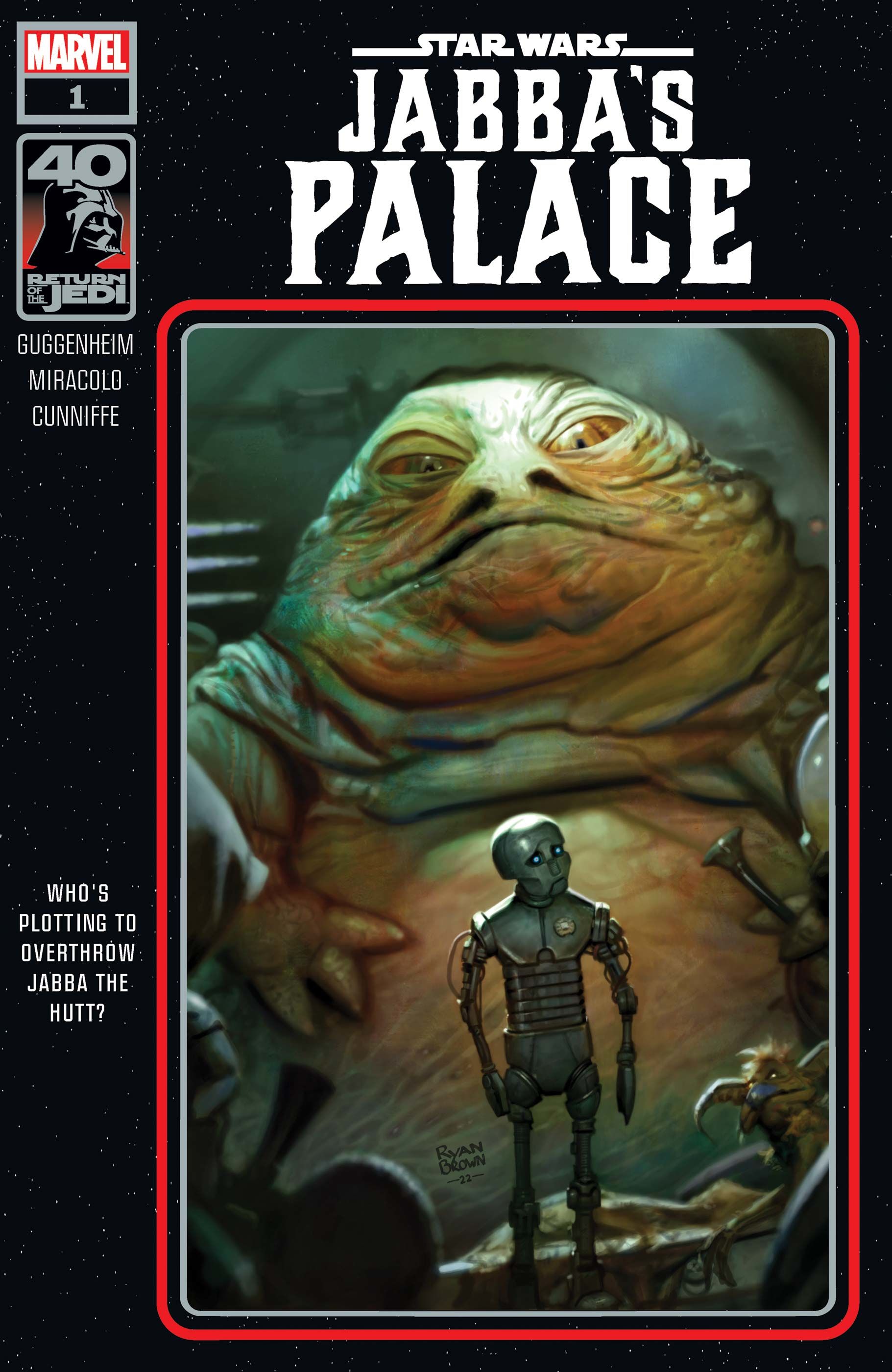 Jabba the Hutt looms over Eightyem the droid on the cover of Marvel Comics' Star Wars: Return of the Jedi - Jabba's Palace #1 by Ryan Brown.