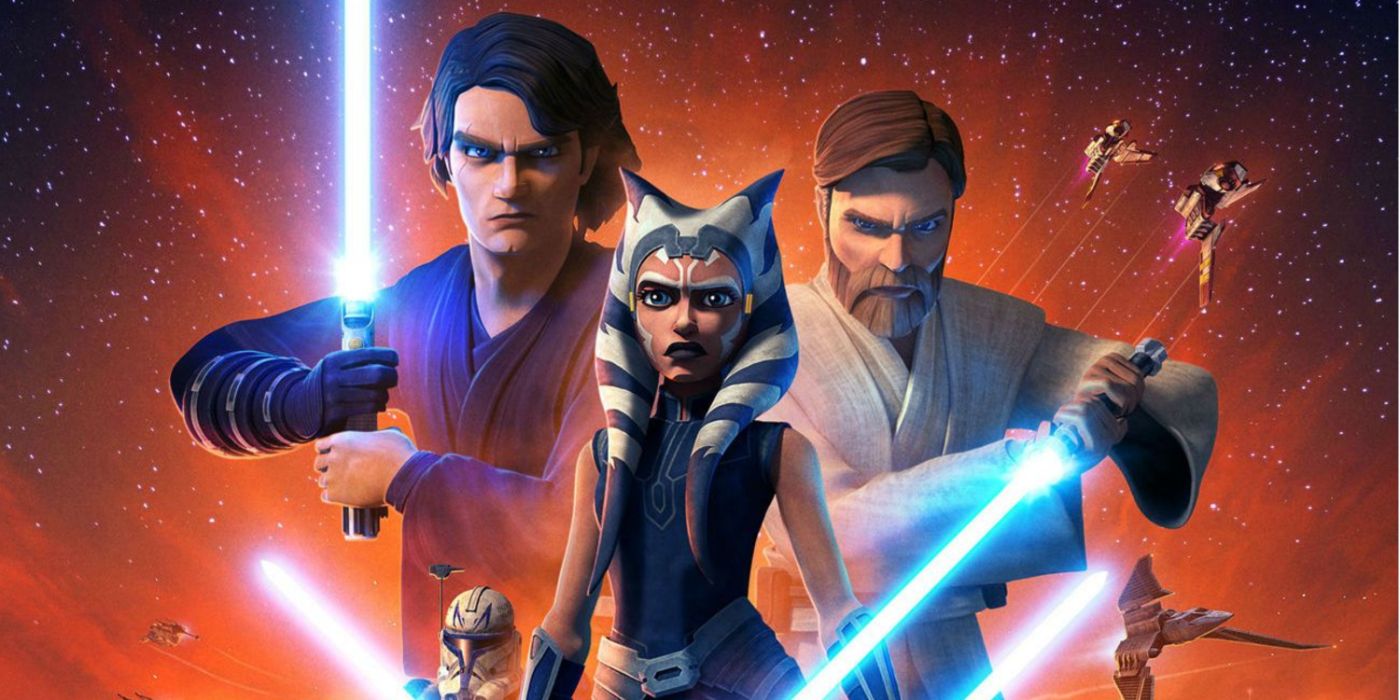Star Wars: The Clone Wars promo art featuring Ahsoka, Anakin, Obi-Wan, and more in season 7.