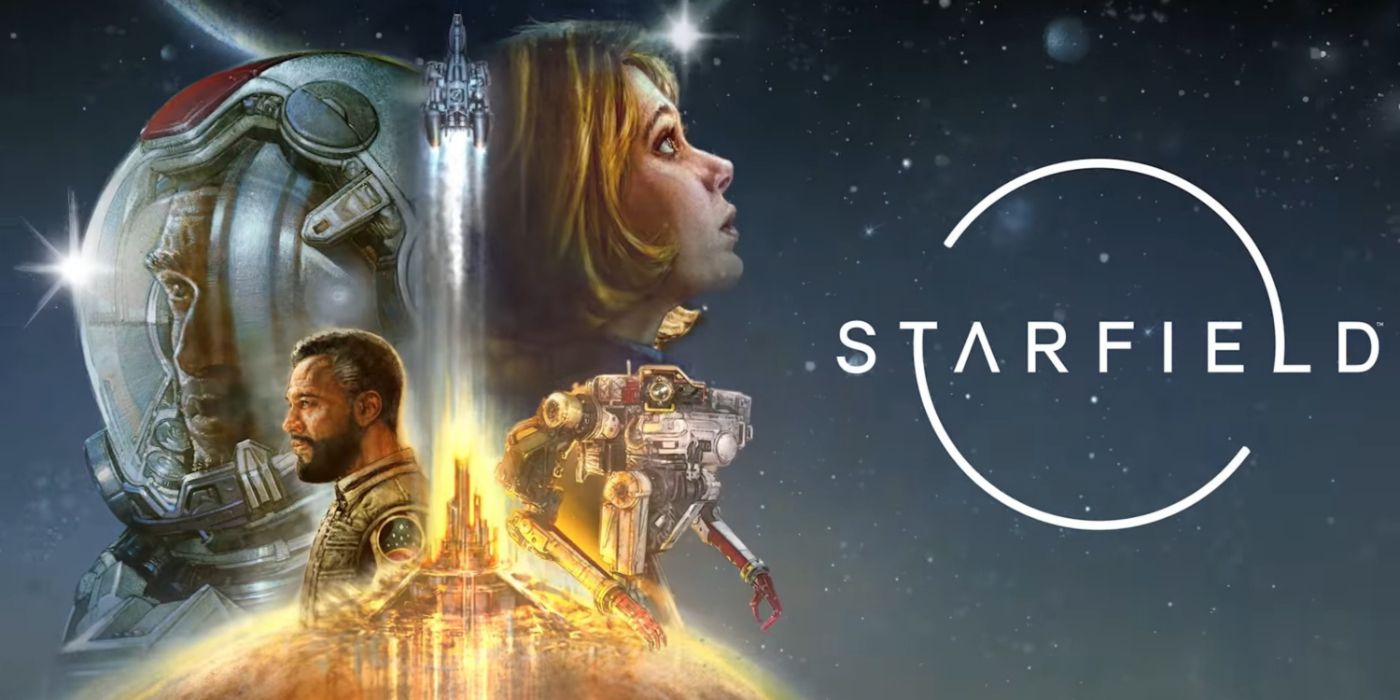 Arte promocional de Starfield com uma colagem de personagens em um fundo galáctico.