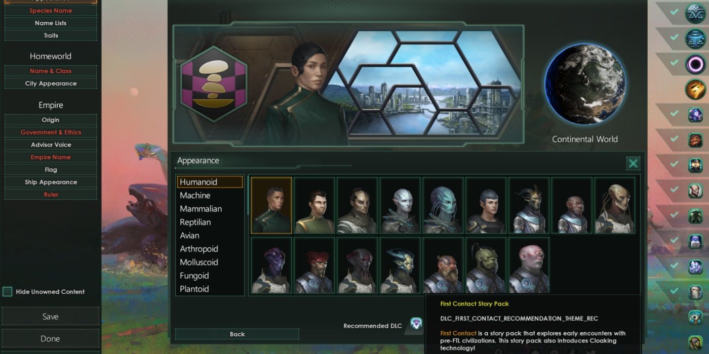 Stellaris recommends DLC to a player who is building a new empire.