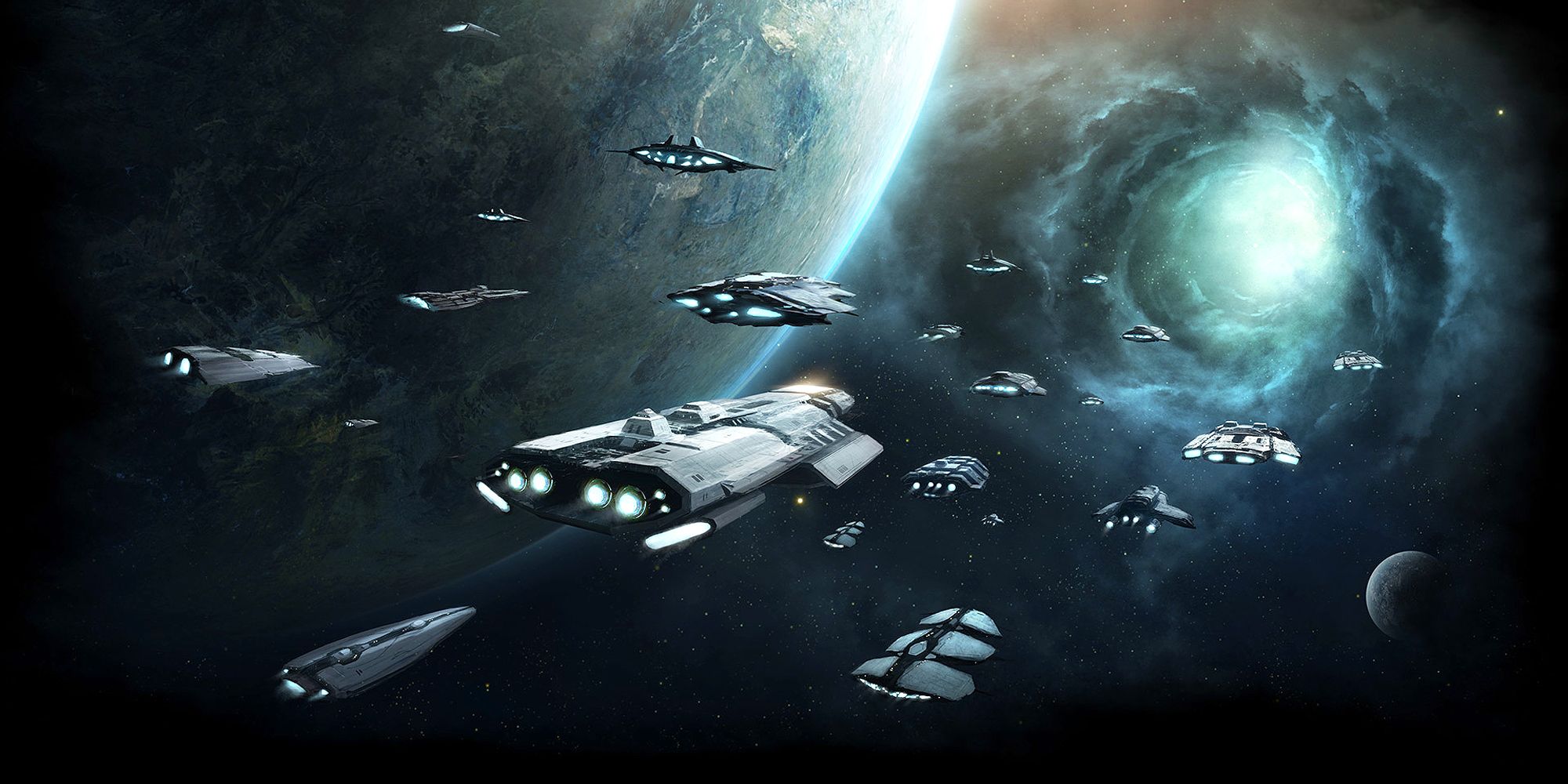 Stellaris ships flying through space