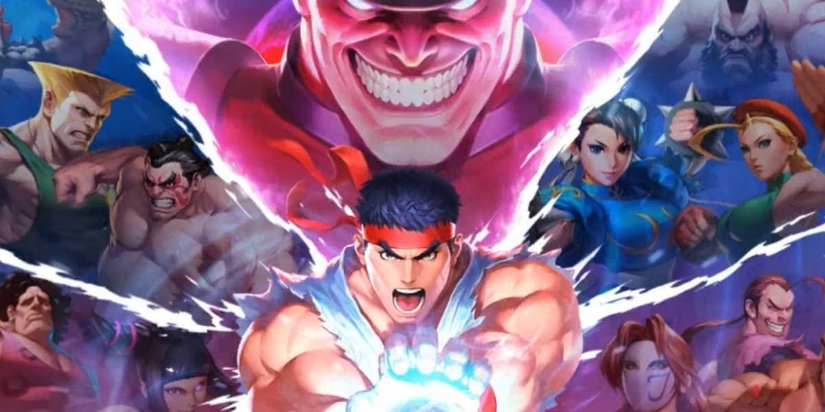Street Fighter Duel featuring Ryu and M. Bison surrounded by other fighters