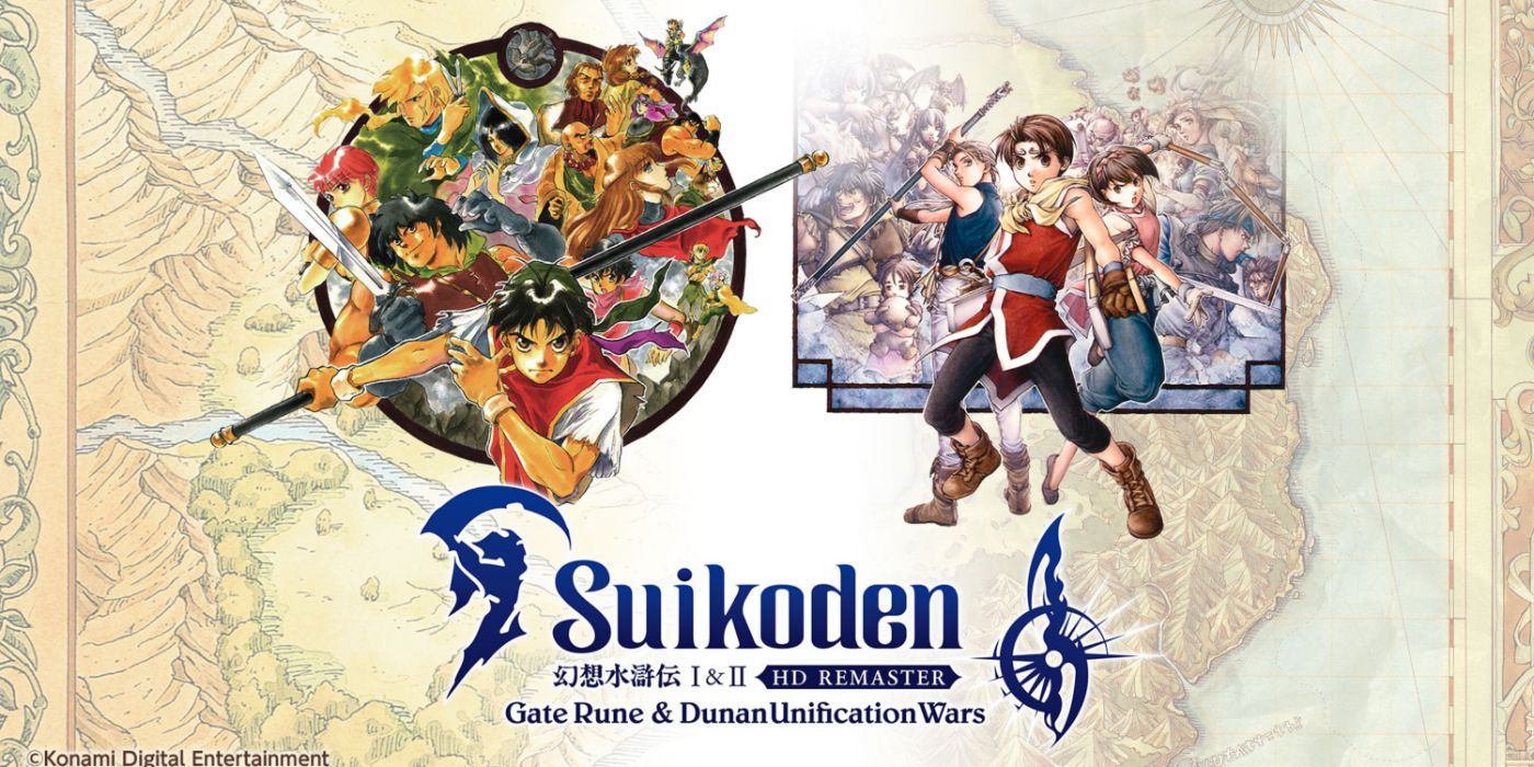 Arte principal do Suikoden I & II HD Remaster apresentando uma colagem dos personagens de ambos os jogos.