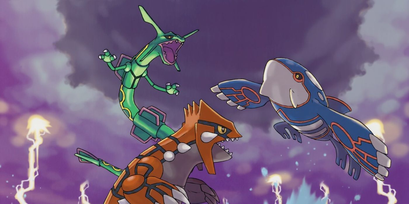 O confronto do Trio Superantigo na arte principal do Pokémon Emerald.