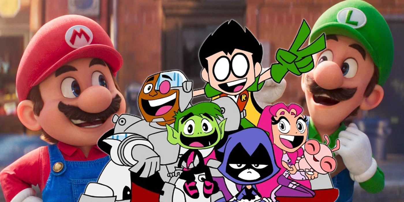 Teen Titans Go characters in the middle of Mario and Luigi