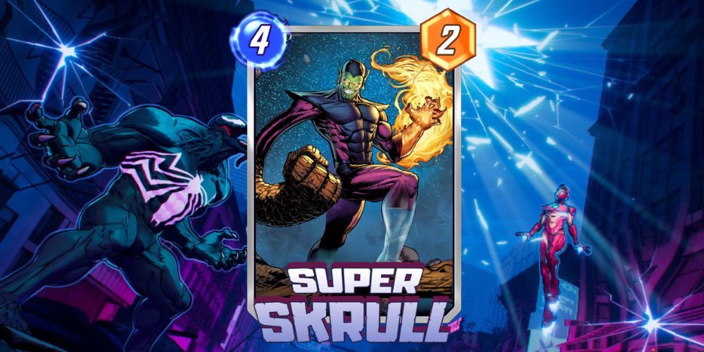 Carta Super Skrull Marvel Snap com fundo Marvel Snap.