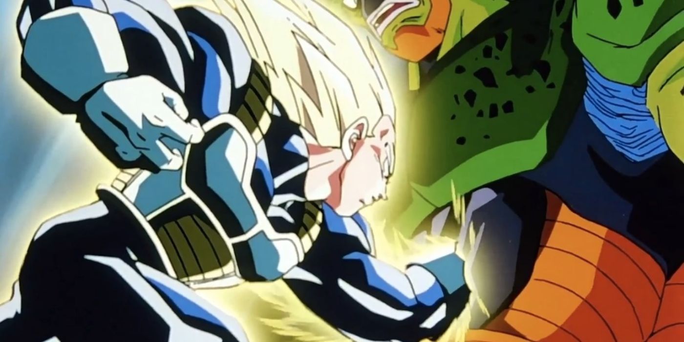 Super Vegeta punching Cell in Dragon Ball Z