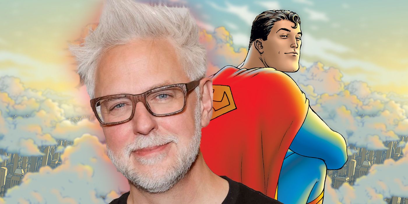 James Gunn in front of an image of Superman in the clouds in DC Comics.