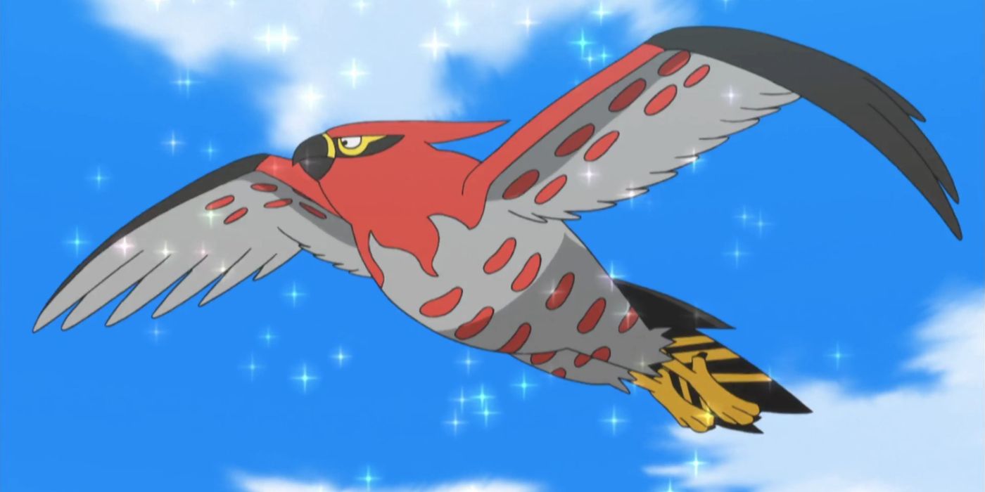 Talonflame flying in the sky in the Pokémon anime.