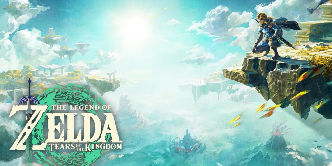 Arte principal de The Legend of Zelda: Tears of the Kingdom apresentando Link em uma massa de terra acima de Hyrule.