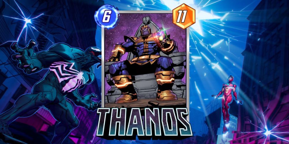 Cartão do Thanos Marvel Snap com fundo do Marvel Snap