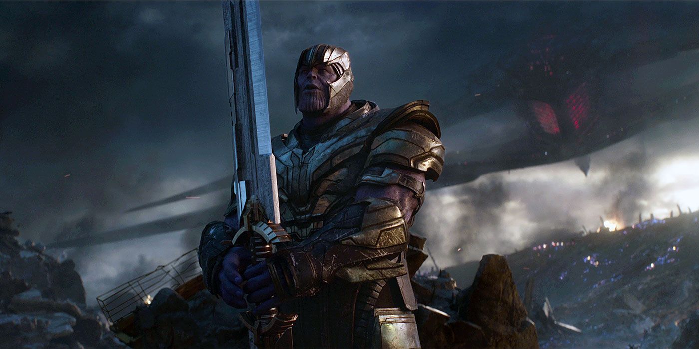 An armored Thanos stands with his sword in a battlefield