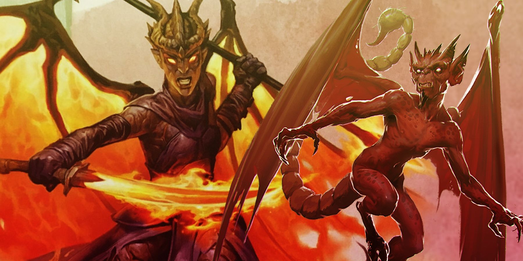 On the left, Azriel the demon wields a sword and spear, both engulfed in flame. On the right, a lone imp flies.