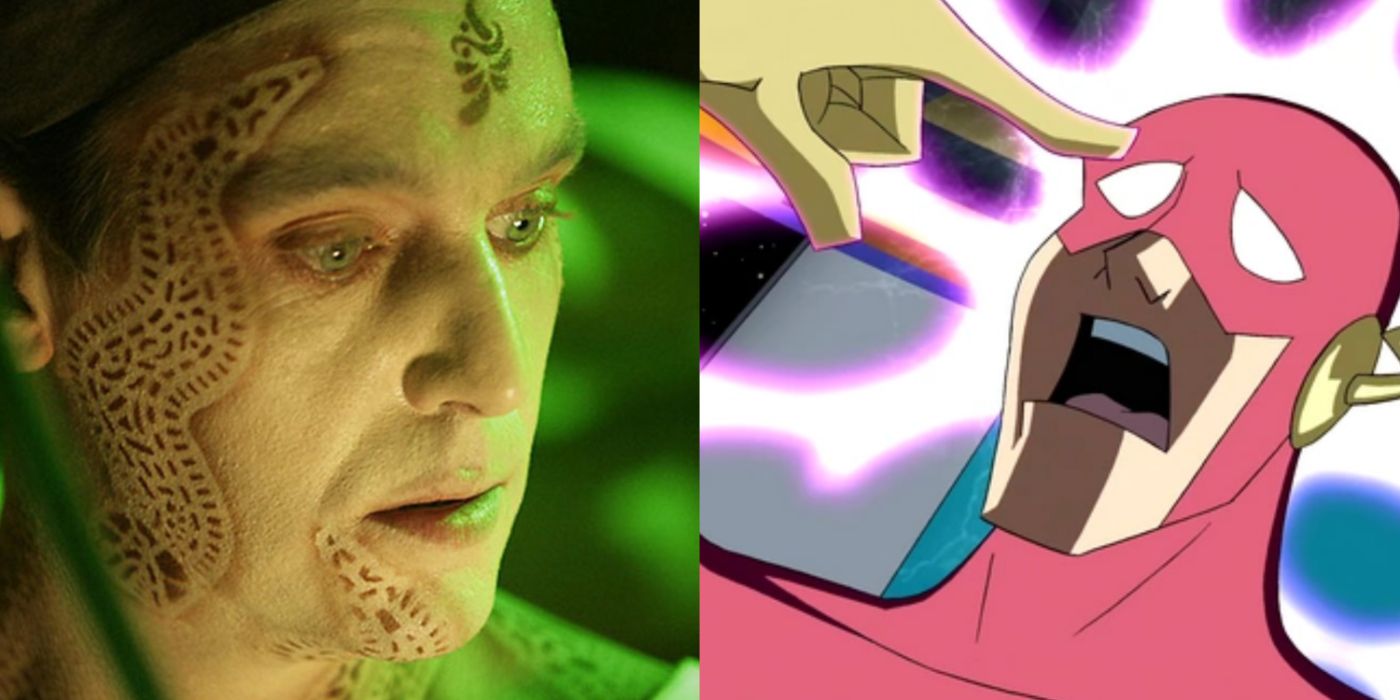 Split image showing body swap scenes from Doctor Who and Justice League Unlimited