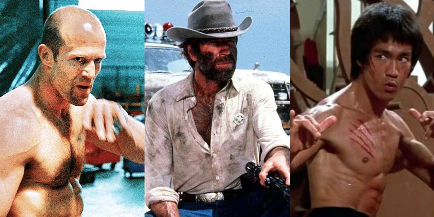 Split image showing Jason Statham, Chuck Norris and Bruce Lee
