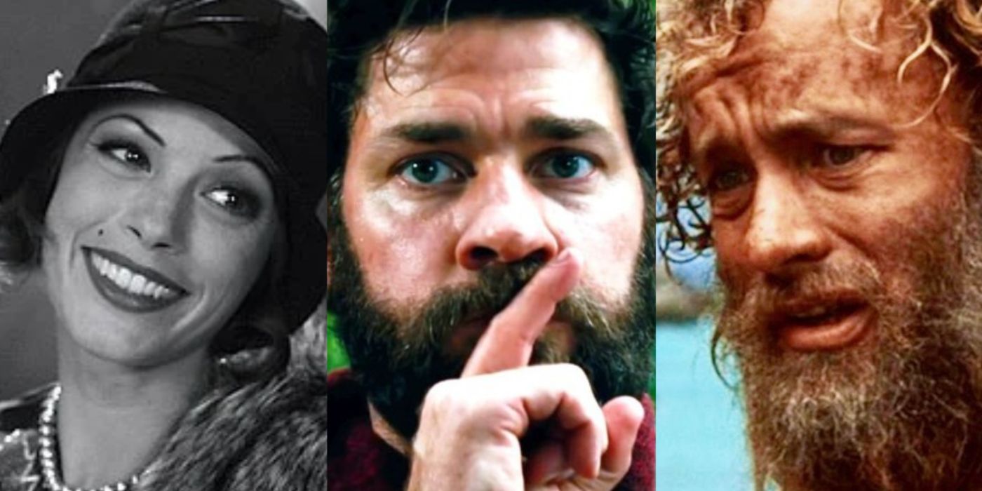 Split image showing scenes from The Artist. A Quiet Place, and Castaway