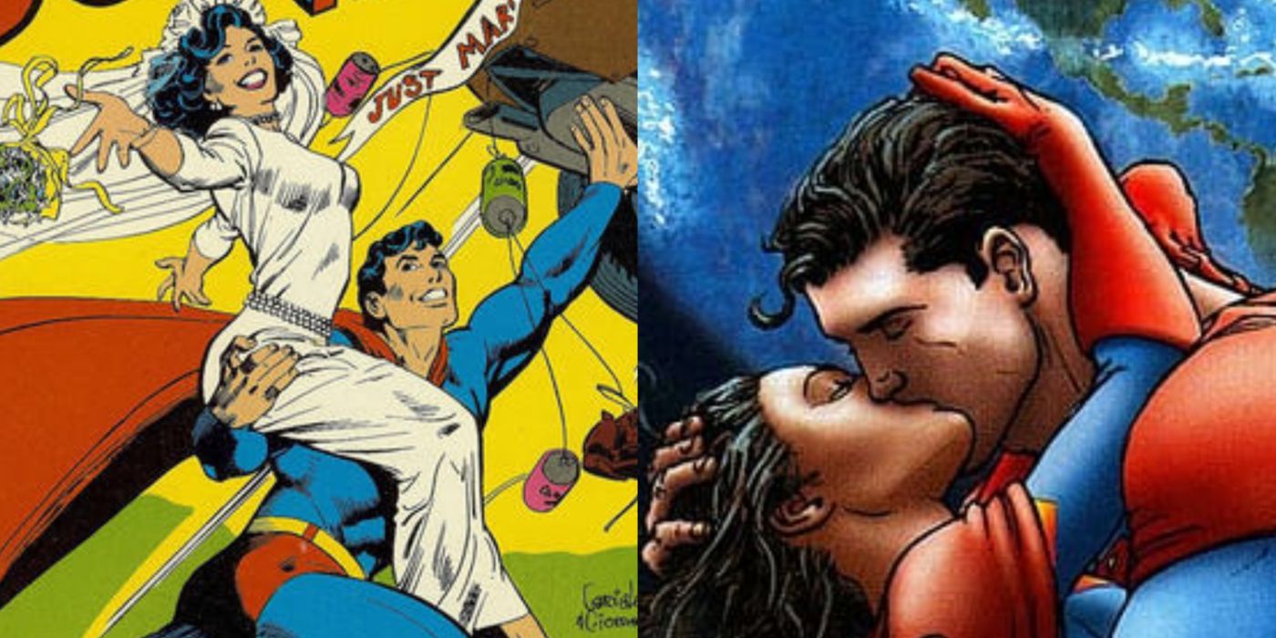 Split image of Superman and Lois getting married and kissing in All-Star Superman