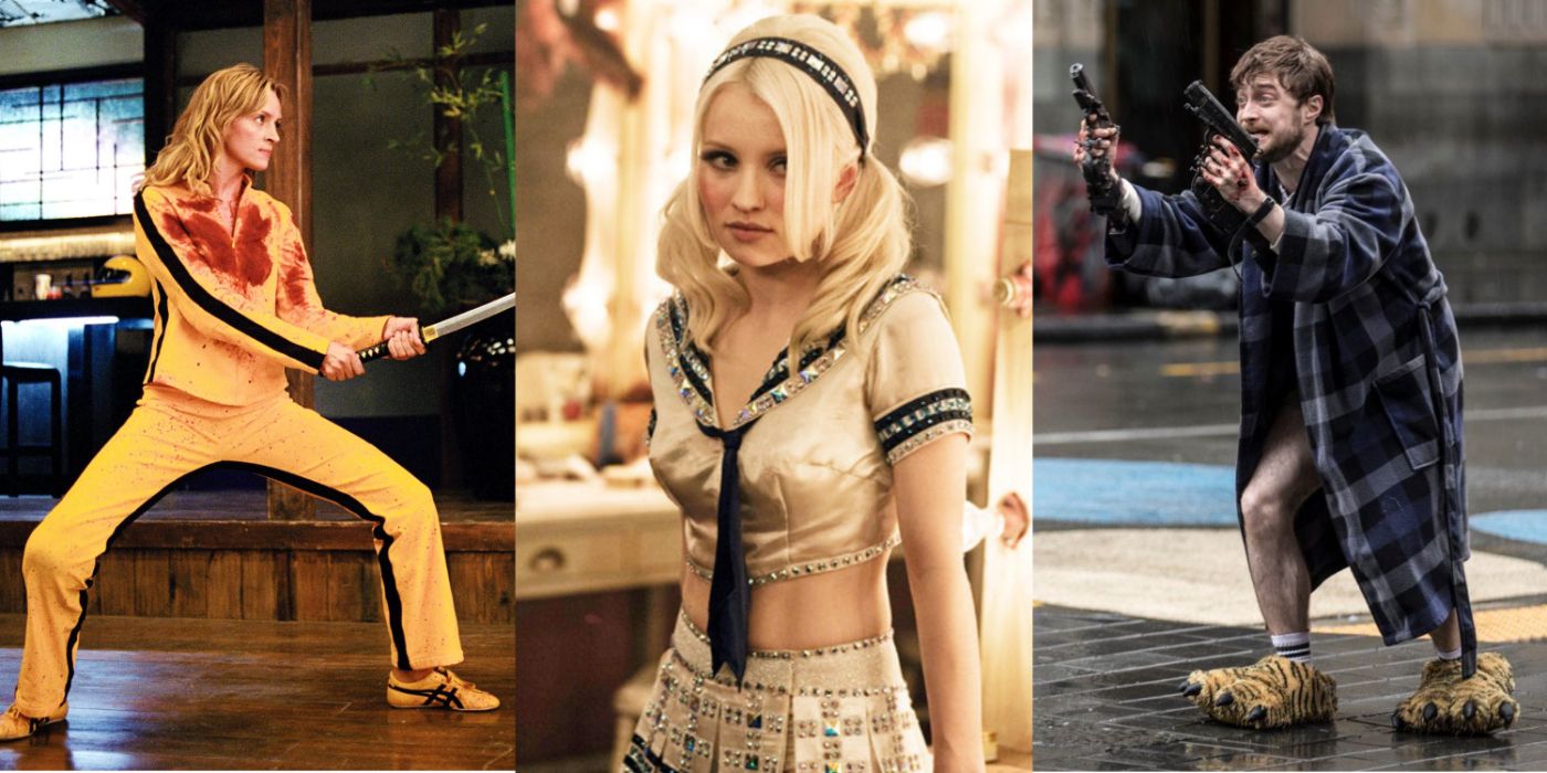 A collage of The Bride from Kill Bill, Babydoll from Sucker Punch, and Miles Cassonva from Guns Akimbo.