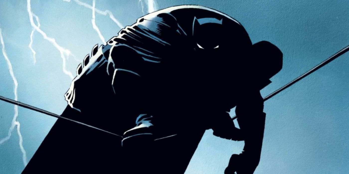The Dark Knight Returns silhouette of Batman lightning strike behind him in DC Comics