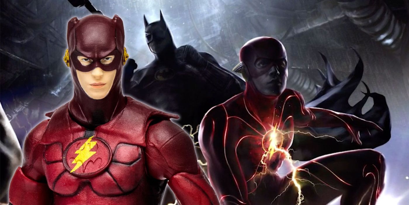 A toy of the Flash in a Batman-inspired suit over concept art of Michael Keaton's Batman and the Flash