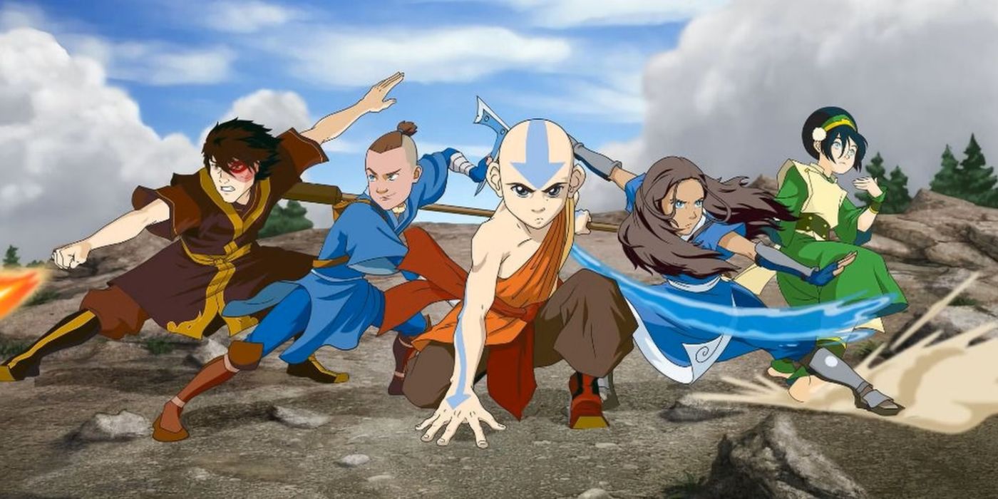Avatar: The Last Airbender promo art featuring Aang and the rest of the main cast in action poses.