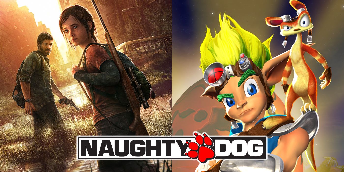 Joel and Ellie on the cover of The Last of Us (PS3) and Jak and Daxter on the cover of Jak and Daxter: The Precursor Legacy with the Naughty Dog logo