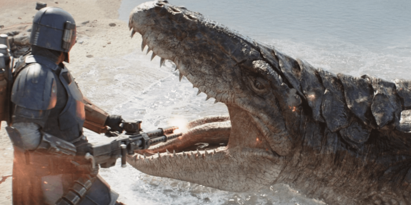 Um Mandaloriano atira na boca de um crocodilo na terceira temporada de The Mandalorian