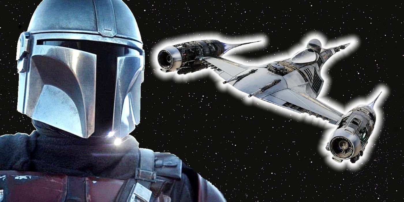 A graphic featuring the Mandalorian and a N-1 starfighter in space.