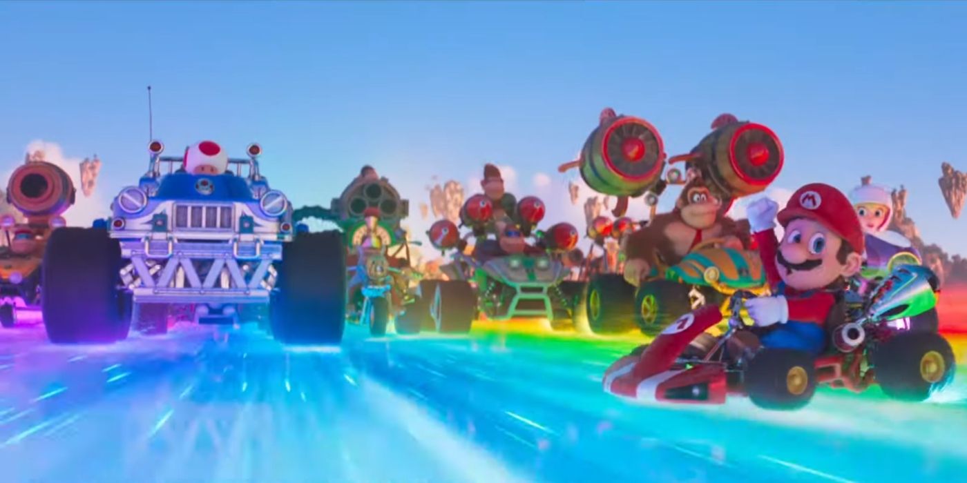 Mario and company drive across Rainbow Road in The Super Mario Bros. Movie
