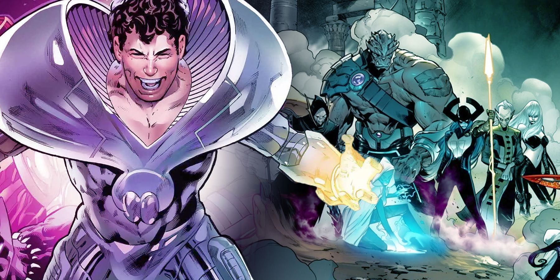 On the left, Beyonder has arms stretched with a menacing smile. On the right, Members of The Black Order stare down solemnly.