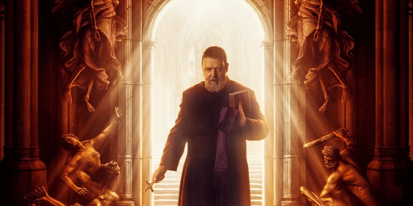 Russell Crowe as Father Gabriele Amorth walking through a shining doorway holding a bible and a crucifix in The Pope's Exorcist.