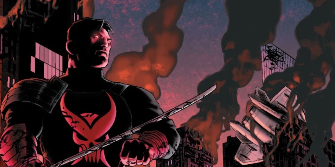 O Justiceiro parece ameaçador enquanto limpa o sangue de sua katana