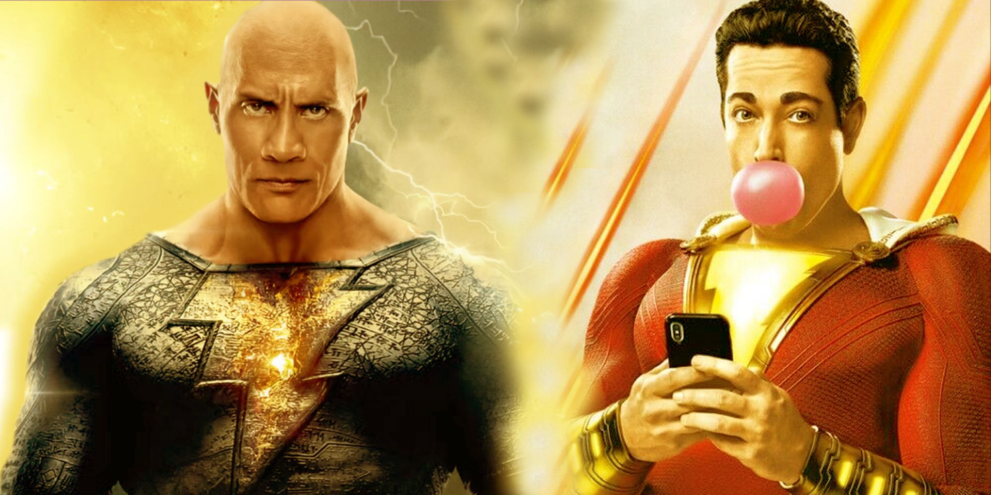 Black Adam de Dwayne Johnson ao lado de Shazam de Zachary Levi