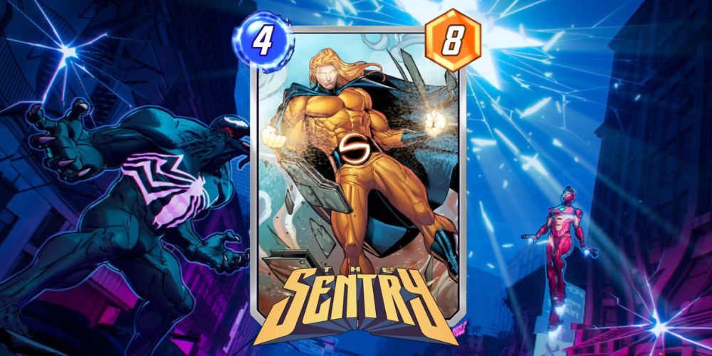 O cartão Sentry Marvel Snap com fundo Marvel Snap.