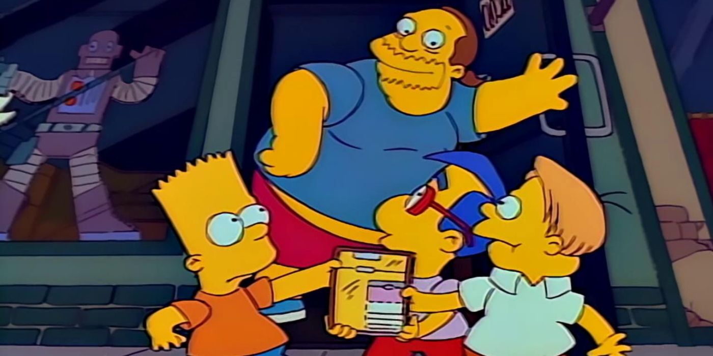 Os Simpsons Bart, Milhouse e Martin seguram uma revista em quadrinhos do lado de fora da loja do Comic Book Guy