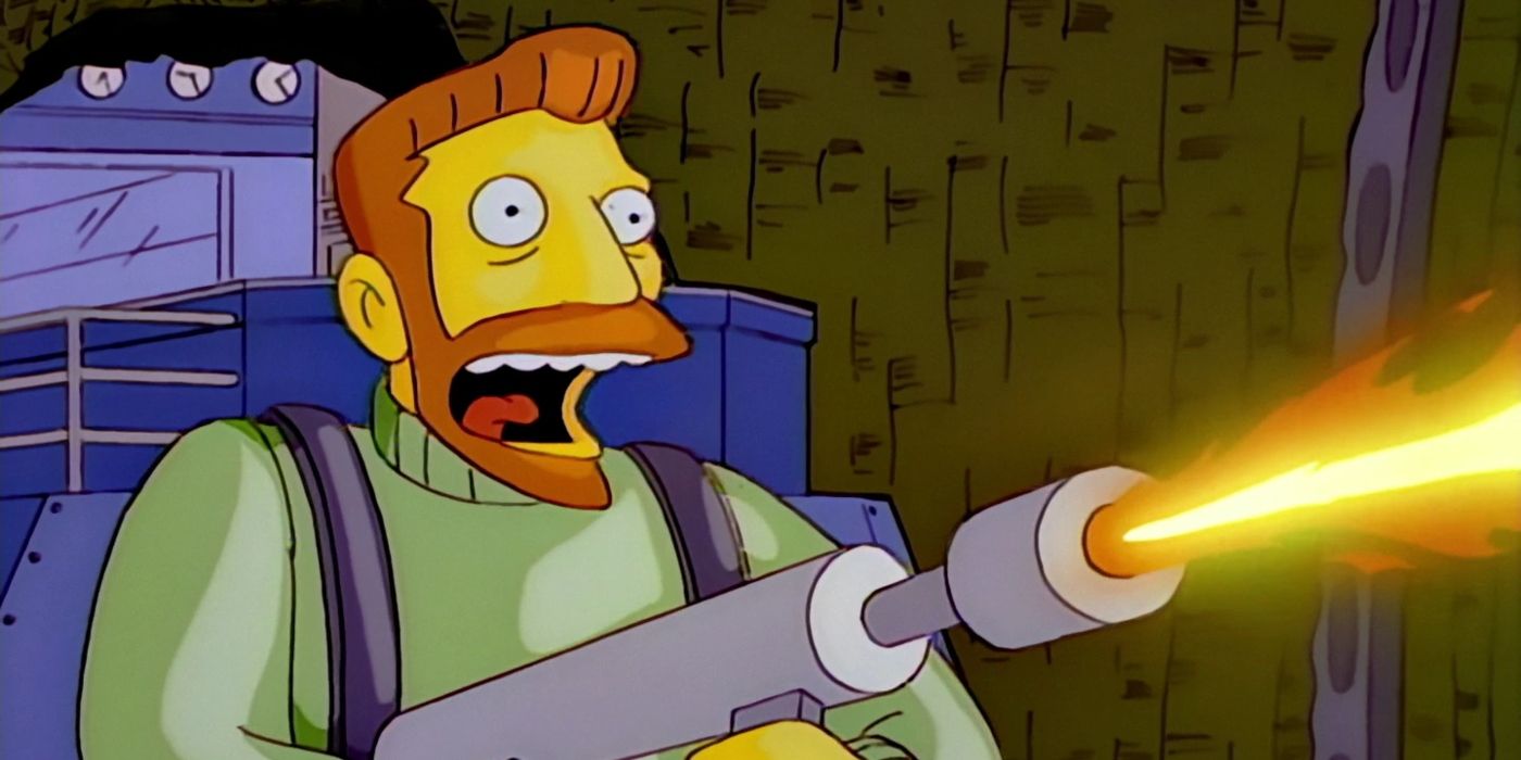 The Simpsons' Hank Scorpio laughs while firing a flamethrower in his underground lair