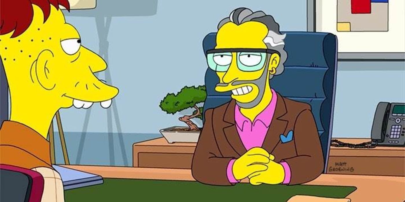 The Simpsons' Slick Manager sits at his desk speaking to Cletus