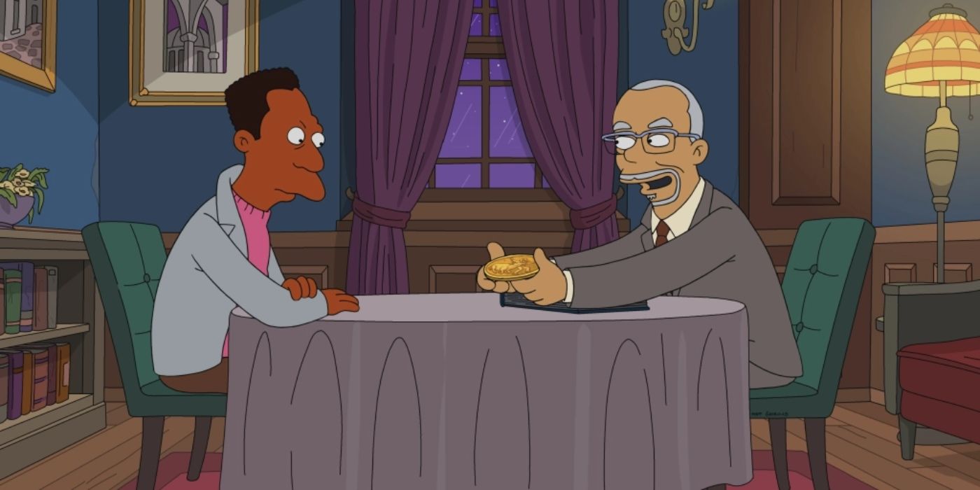 The Simpsons Carl Carlson sits at dinner with a relative