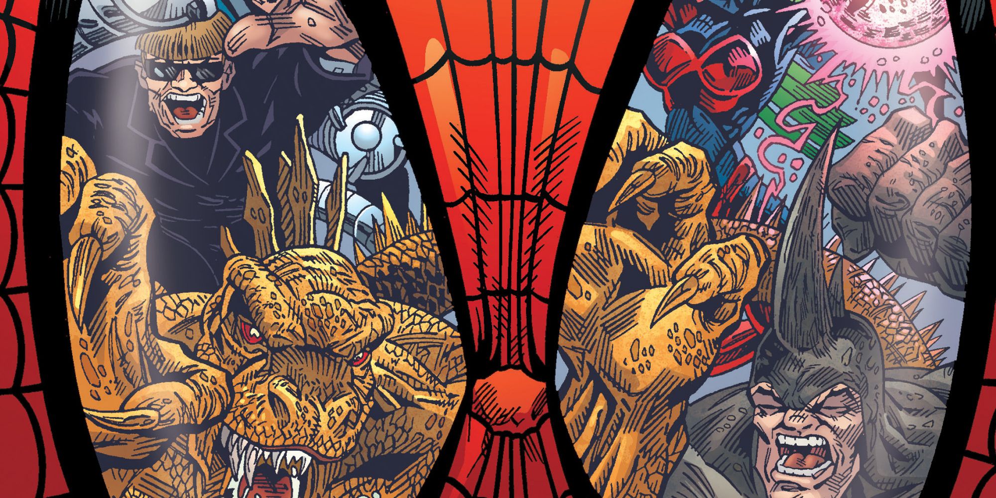 The Sinister Syndicate reflected off Spider-Man's lenses in The Deadly Foes Of Spider-Man