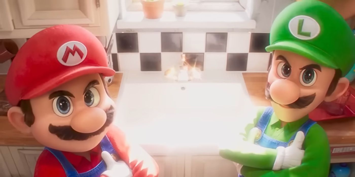 Mario e Luigi posando em frente a uma pia limpa e brilhante em The Super Mario Bros. Movie.