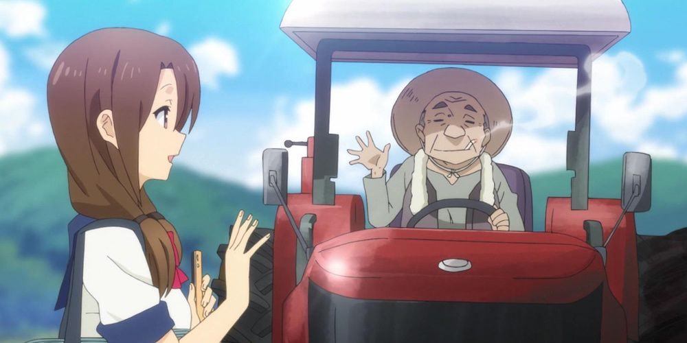 The tractor drives slowly by the girl in KonoSuba