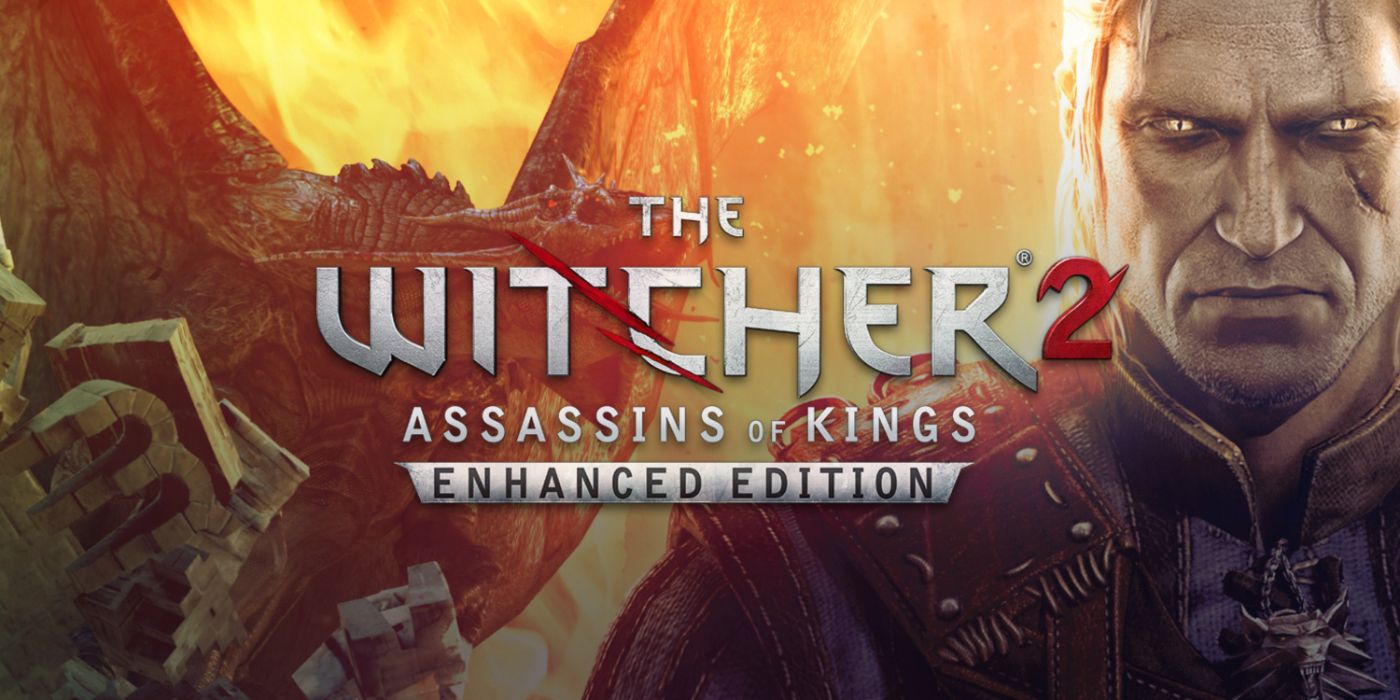 Arte promocional de The Witcher 2: Assassins of Kings com Geralt e um dragão ao fundo.