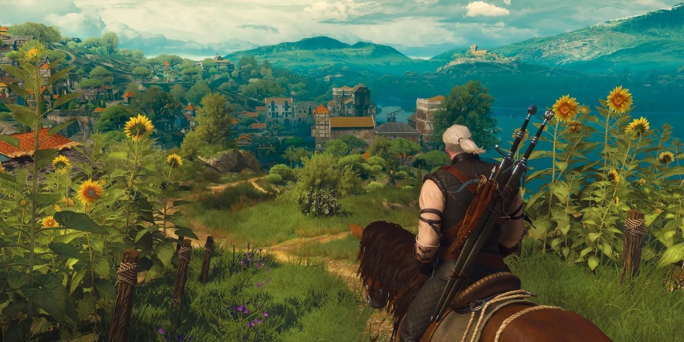 Geralt of Rivia riding into Toussaint in The Witcher 3: Blood and Wine