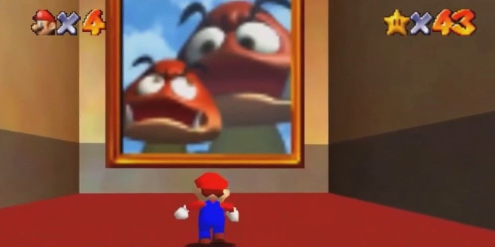 Mario approaches the painting for Tiny Huge Island in Super Mario 64.