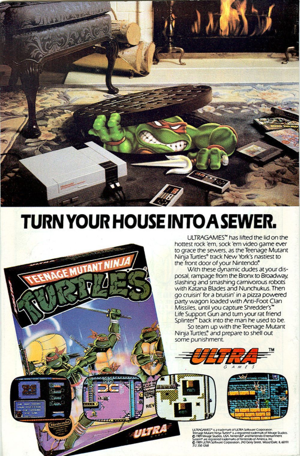 A house ad for Konami's 1989 Teenage Mutant Ninja Turtles game. 