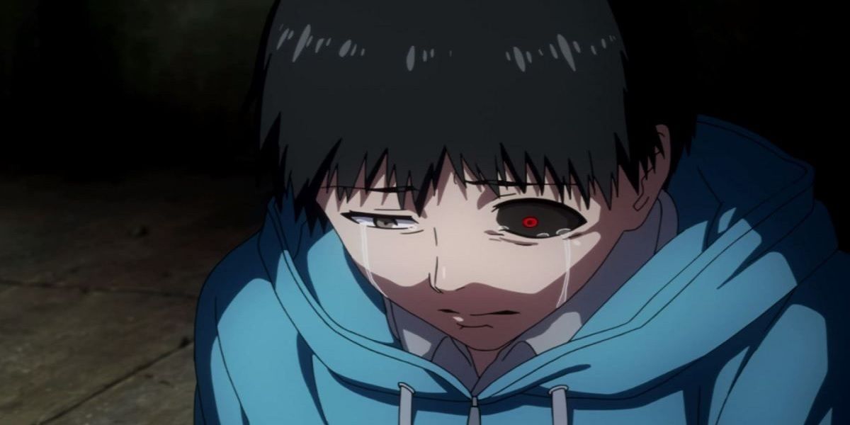 Kaneki Ken crying with one red eye in Tokyo Ghoul.