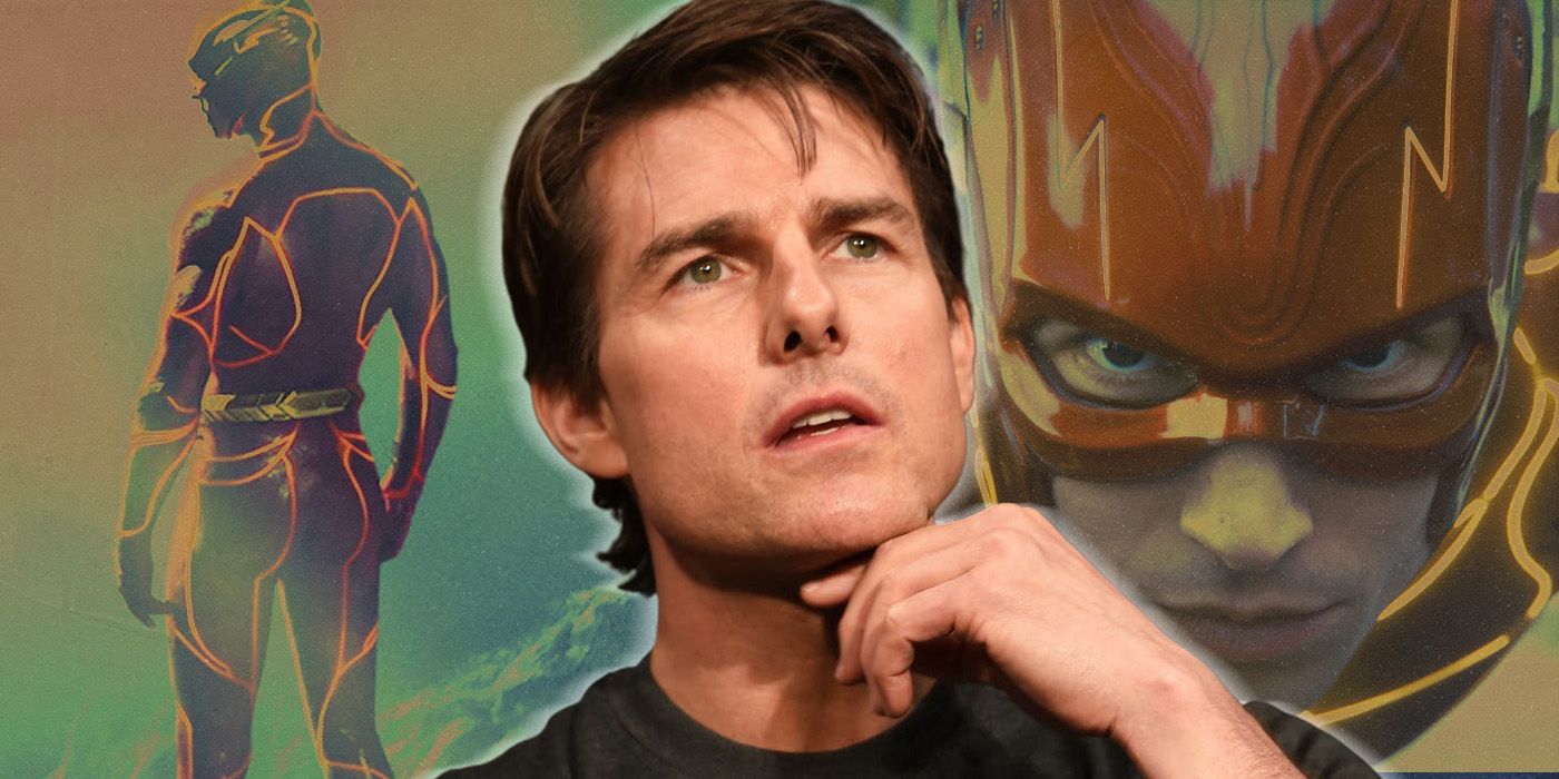 Tom Cruise in front of images of Ezra Miller as The Flash.