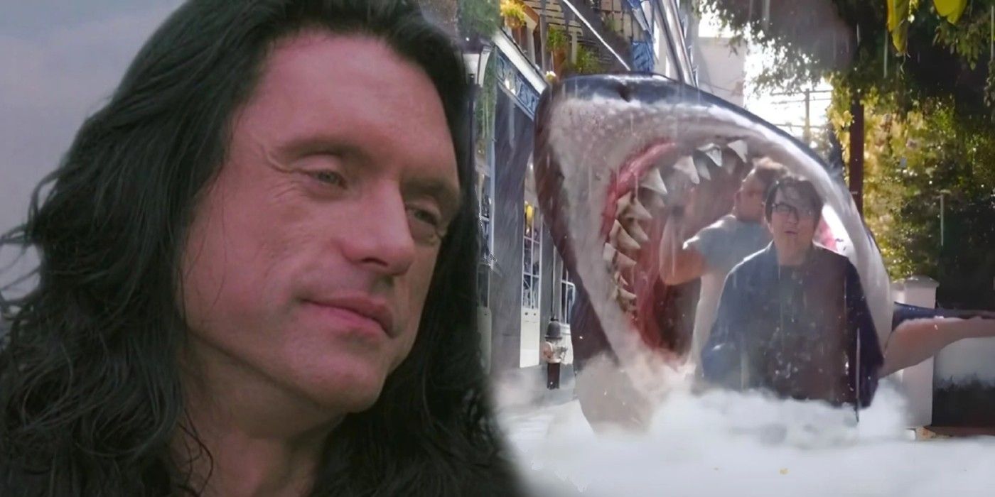 Director Tommy Wiseau from The Room next to an image from the trailer for 2023's Big Shark